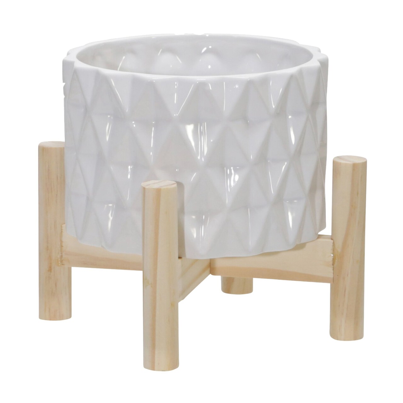 Kingston Living Diamond Ceramic Outdoor Planter with Stand - 7" - White and Beige